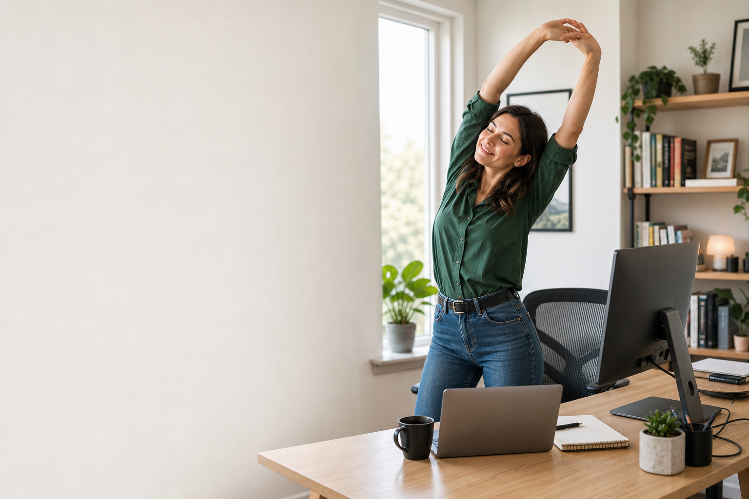 A desk worker taking a short standing stretch beside her workstation