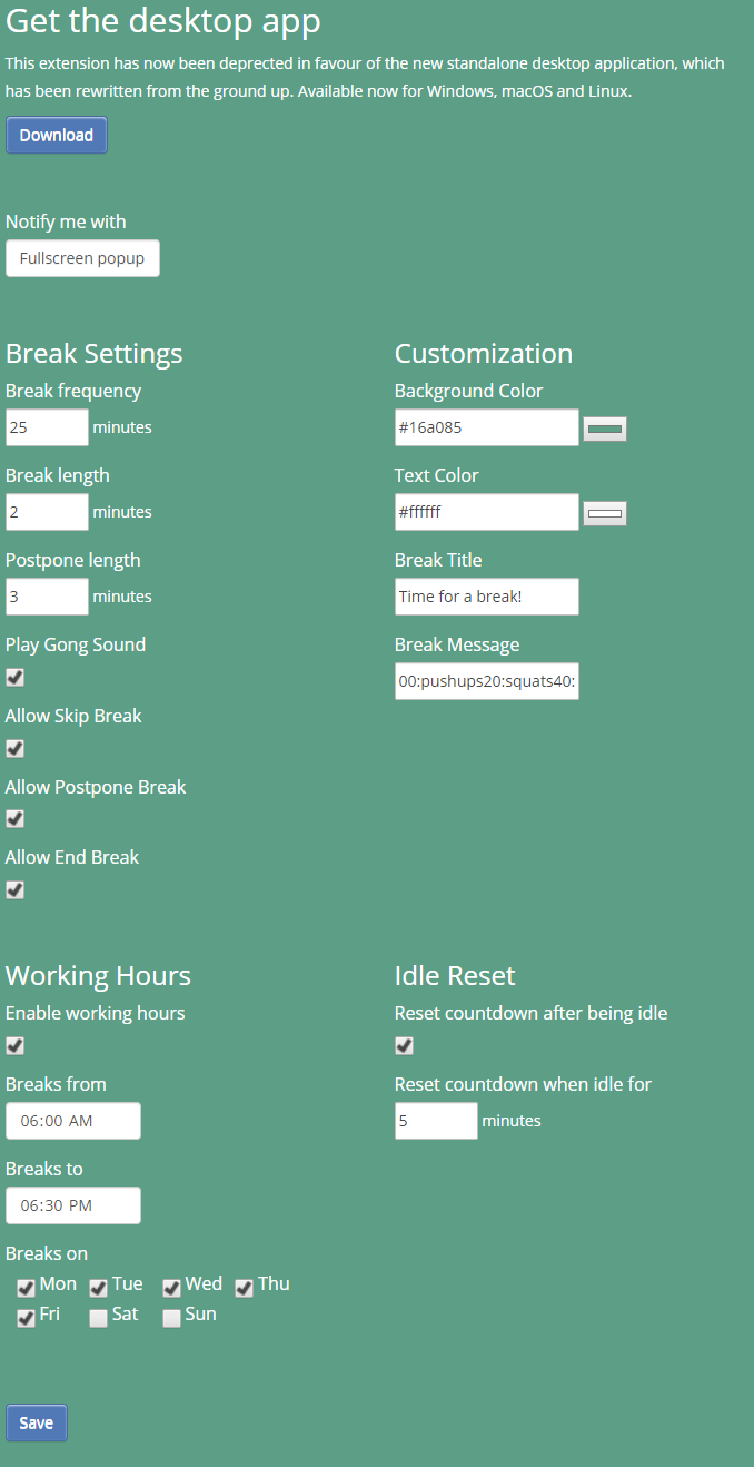 Settings for the break timer plugin